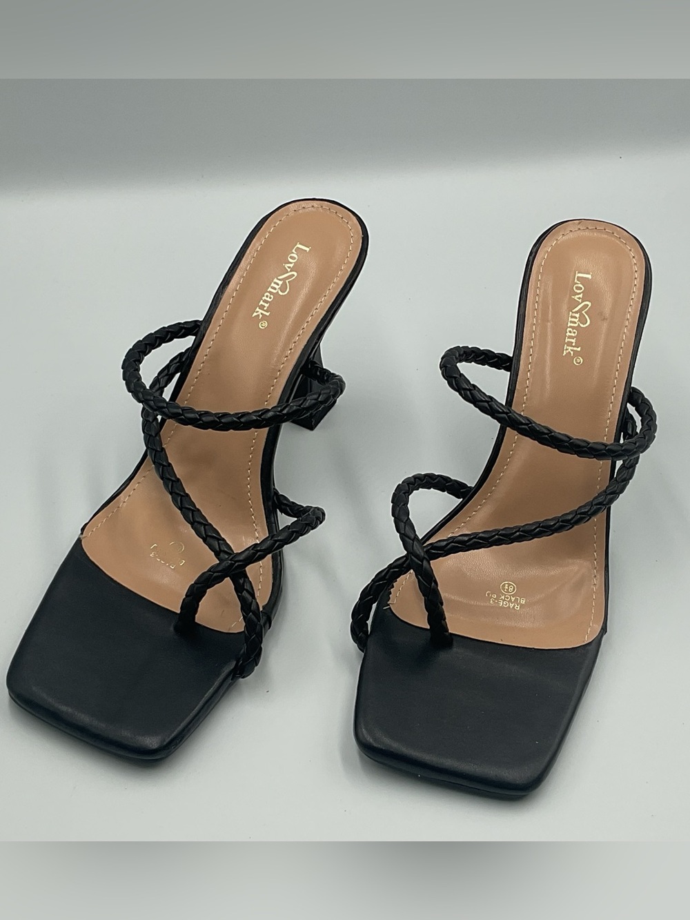 Black High Heel Mule Slip On Strappy Chunky Square Open Toe Sandal Shoe 8.5